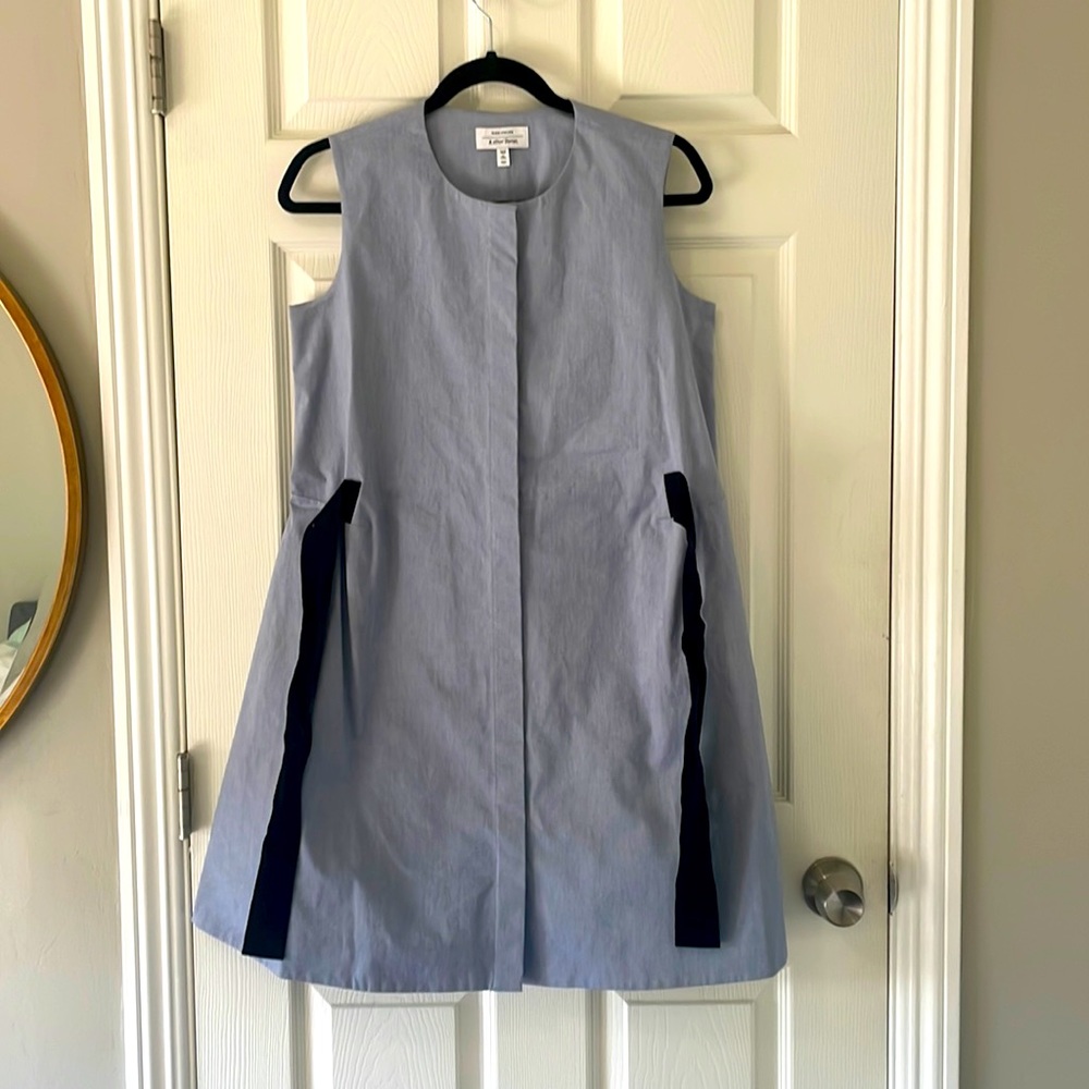 & Other Stories- Light blue dress with black ribbon waist tie.